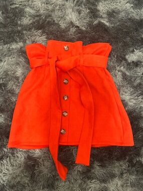 High-Waist Red Faux Button-Front Paperbag Skirt with Tie Belt